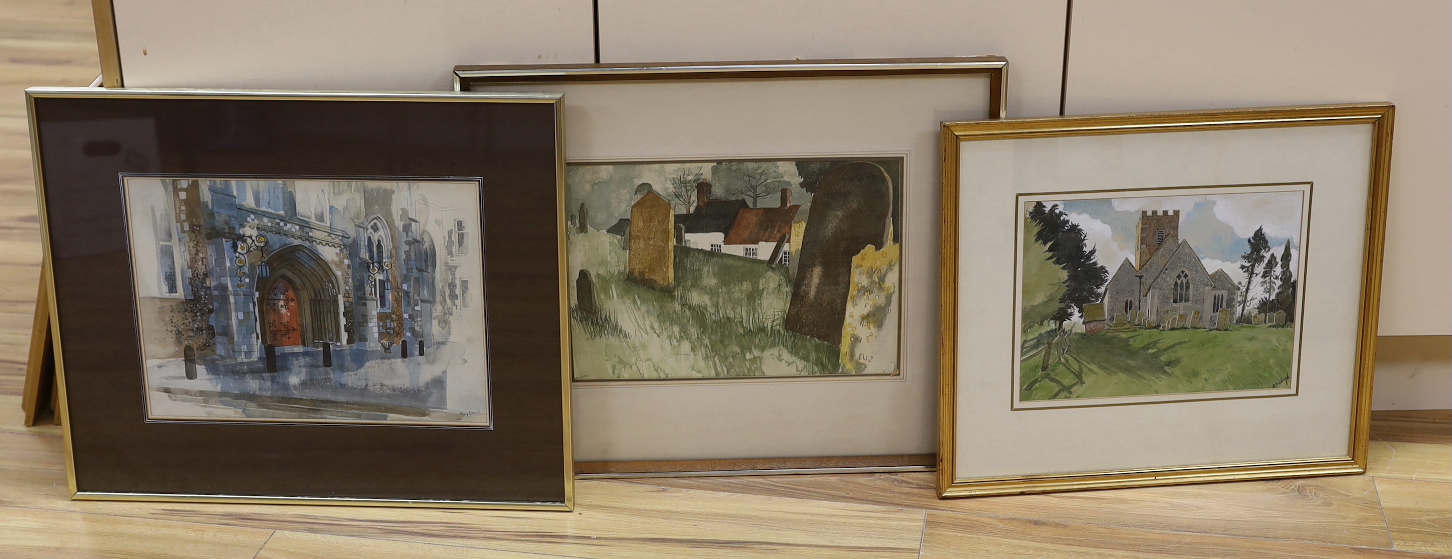 Three watercolours comprising two by Ray Evans (1920–2008) graveyard before cottages and gothic doorway, each signed and one by John Doyle (b.1928) Tichbourne Church, signed, largest 25 x 36cm